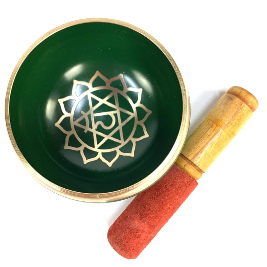 Tibetan Singing Bowl 10cm, Brass Chakra With Matching Cushion & Striker; Green Or Yellow Available - Image 6