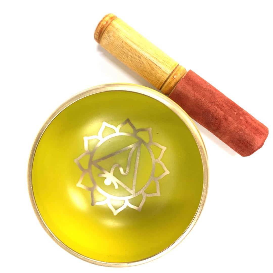 Tibetan Singing Bowl 10cm, Brass Chakra With Matching Cushion & Striker; Green Or Yellow Available - Image 7