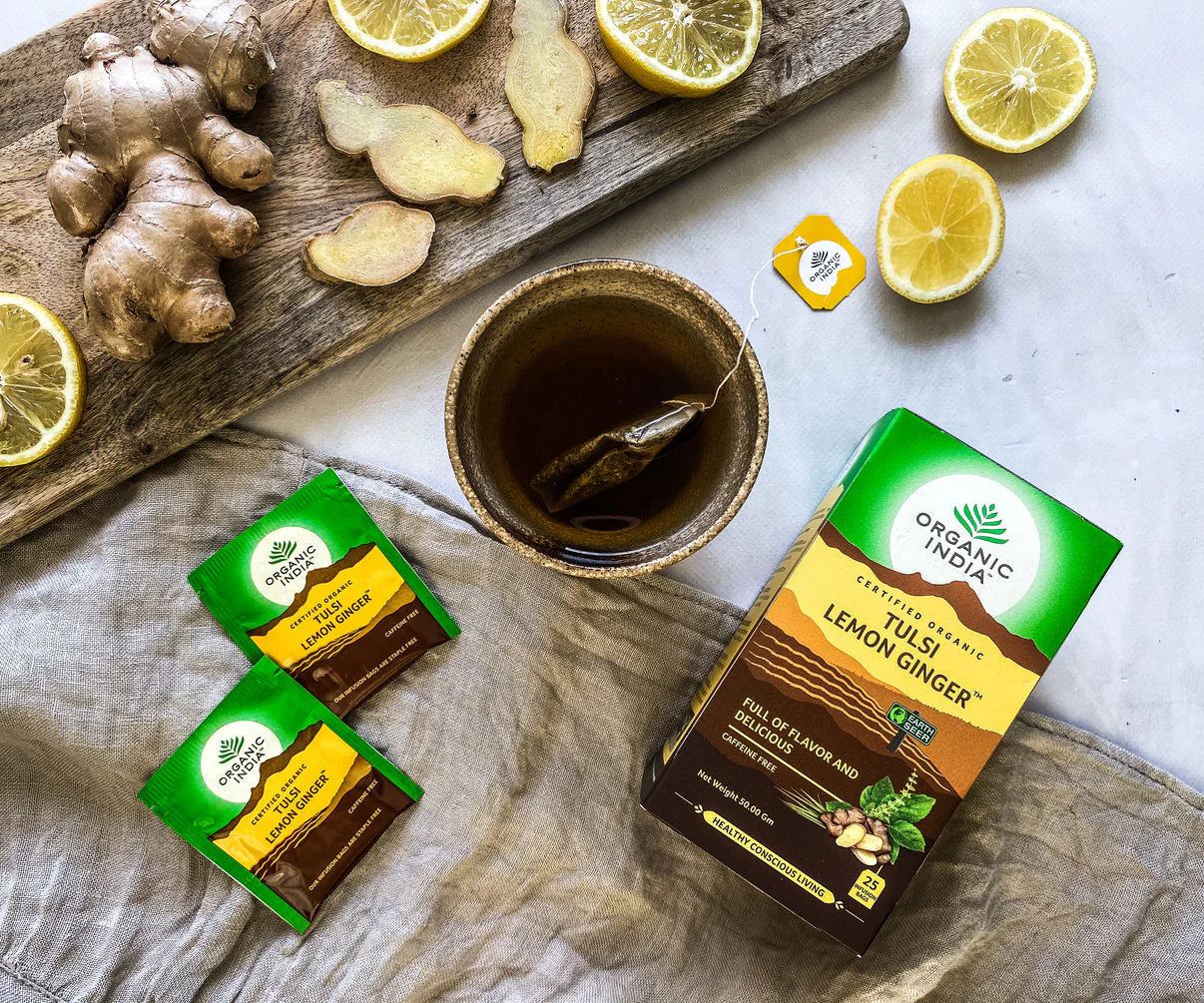 Organic India Wellness Tea Tulsi Lemon Ginger, 25 Herbal Tea Bags; Certified Organic