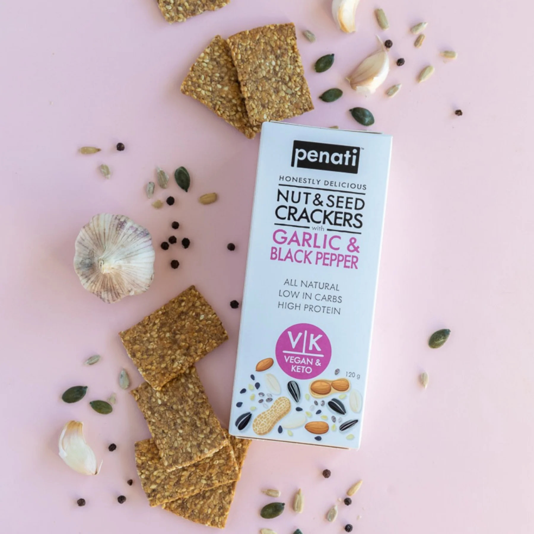 Penati Keto Nut & Seed Crackers 120g, Garlic & Black Pepper Flavour - Image 2