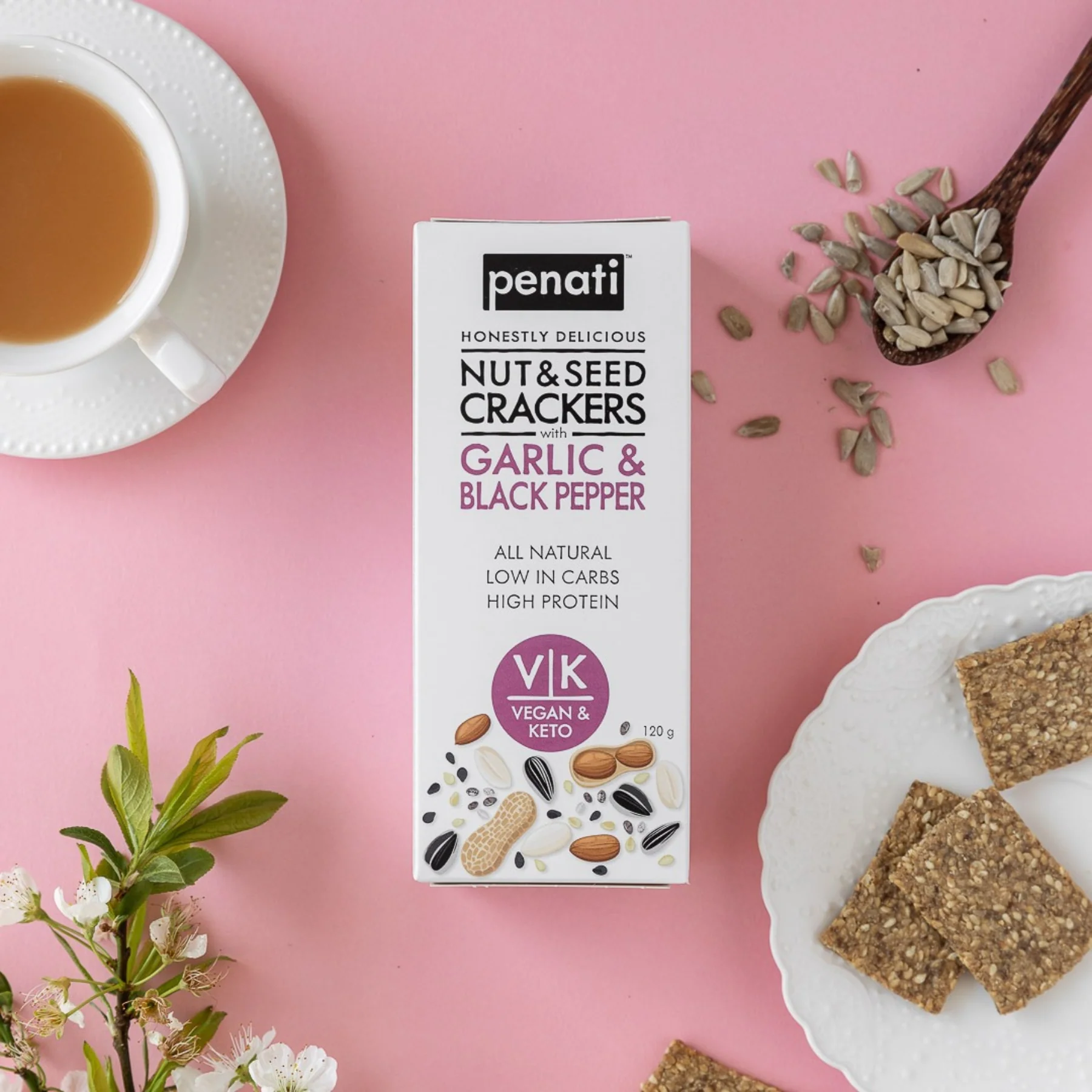 Penati Keto Nut & Seed Crackers 120g, Garlic & Black Pepper Flavour - Image 4