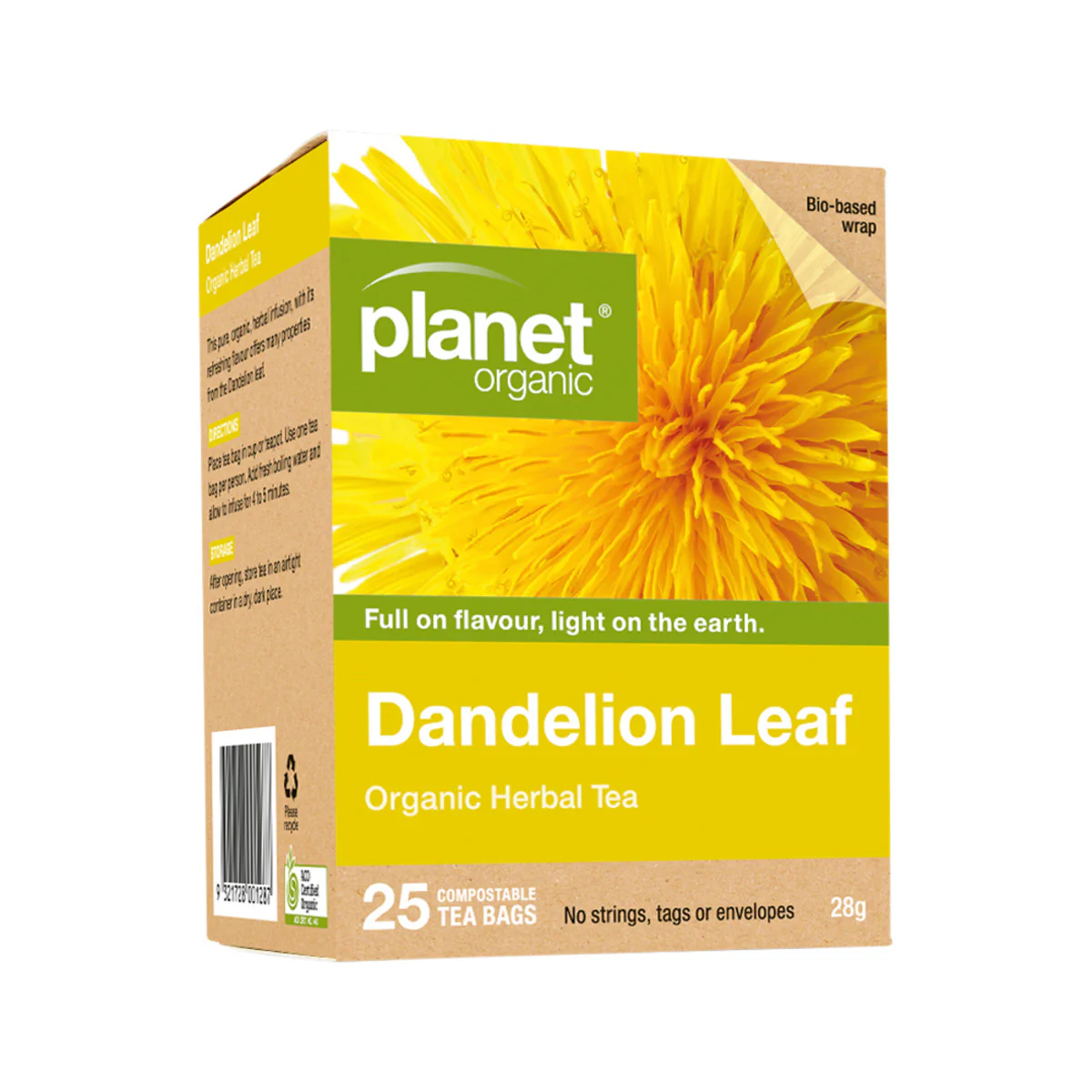 Planet Organic Certified Organic Dandelion Leaf 25 Herbal Tea Bags, Caffeine Free & Certified Organic