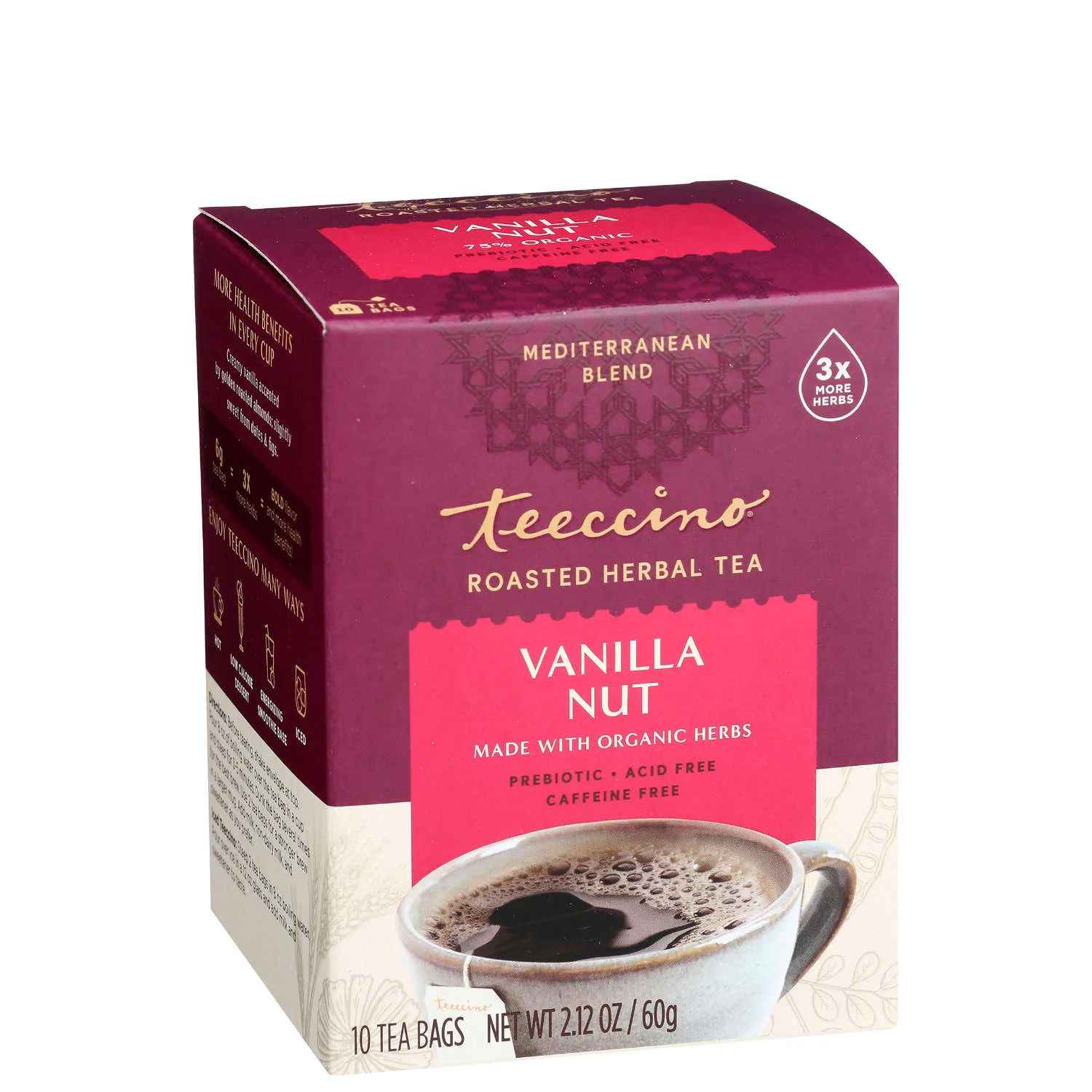 Teeccino Mediterranean Herbal Tea 10 Or 25 Tea Bags, Vanilla Nut Flavour Caffeine-Free - Image 2
