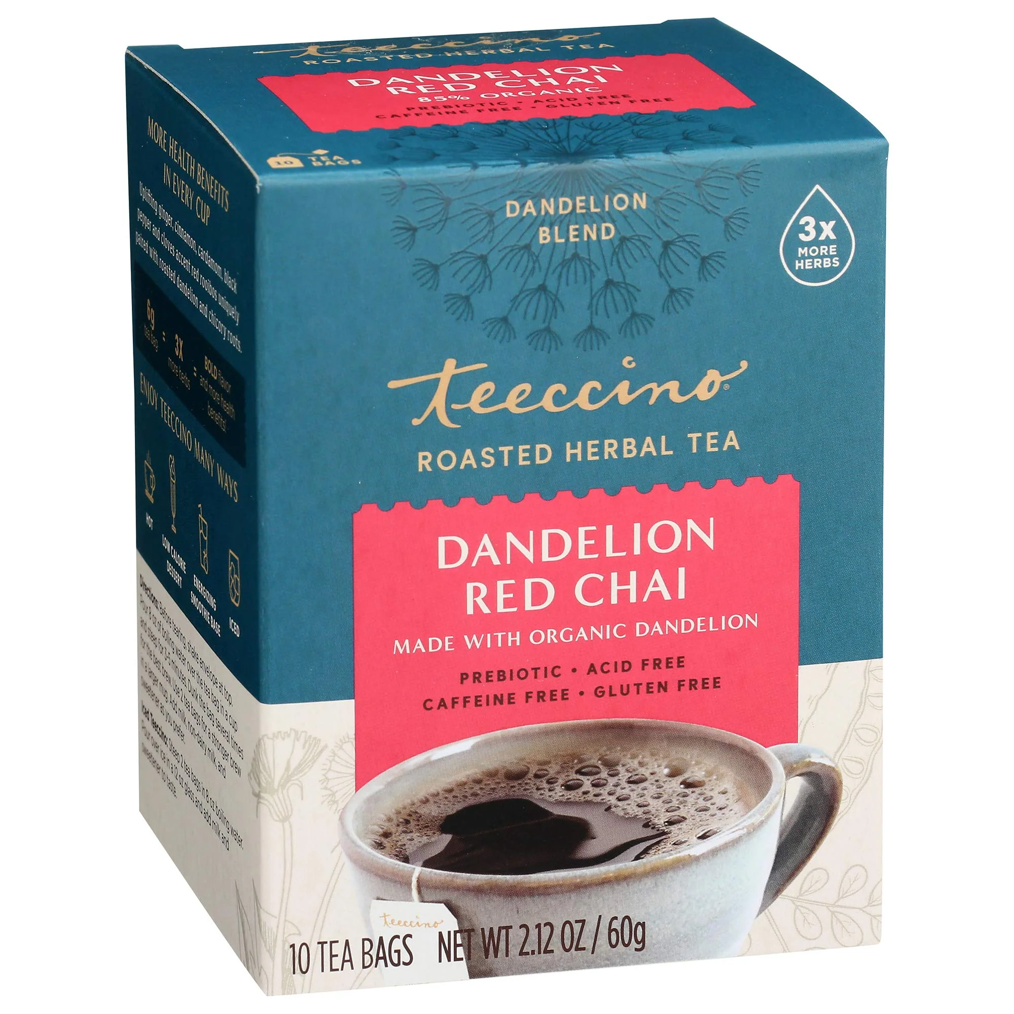Teeccino Dandelion Herbal Tea 10 Tea Bags, Red Chai Flavour Caffeine-Free - Image 2