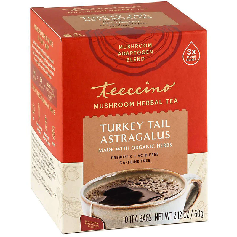 Teeccino Mushroom Herbal Tea 10 Tea Bags, Turkey Tail & Astragalus Caffeine-Free