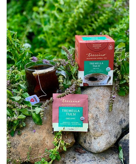 Teeccino Mushroom Herbal Tea 10 Tea Bags, Tremella Tulsi Flavour Caffeine-Free