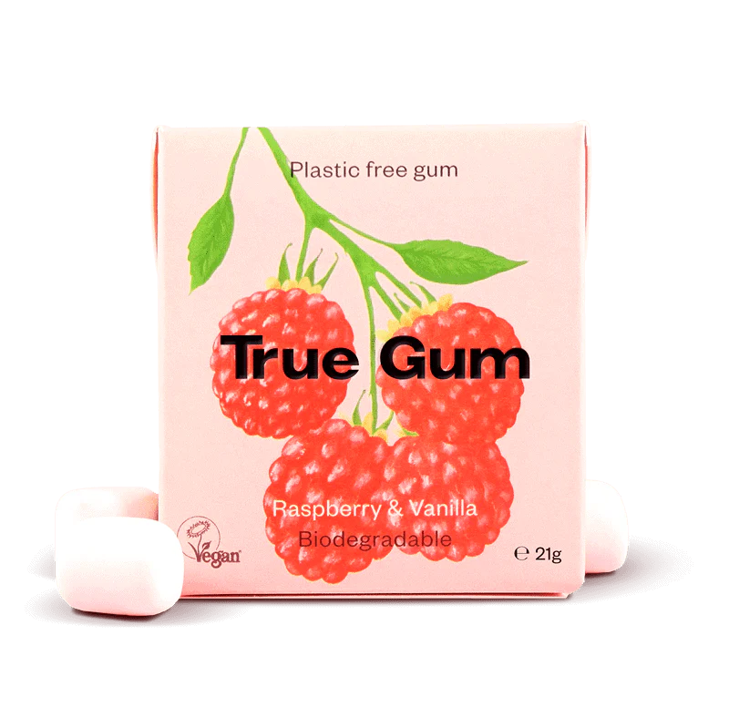 True Gum Sugar Free Gum Single Pack (21g) Or A Box Of 24, Raspberry & Vanilla Flavour Plastic Free Packaging - Image 2