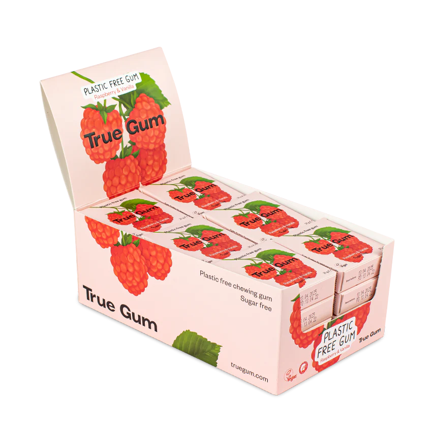 True Gum Sugar Free Gum Single Pack (21g) Or A Box Of 24, Raspberry & Vanilla Flavour Plastic Free Packaging - Image 3