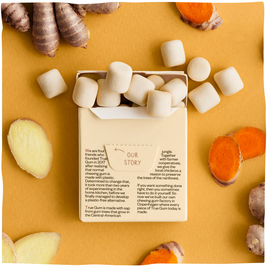 True Gum Sugar Free Gum, Single Pack (21g) Or A Box Of 24, Ginger & Turmeric Flavour Plastic Free Packaging