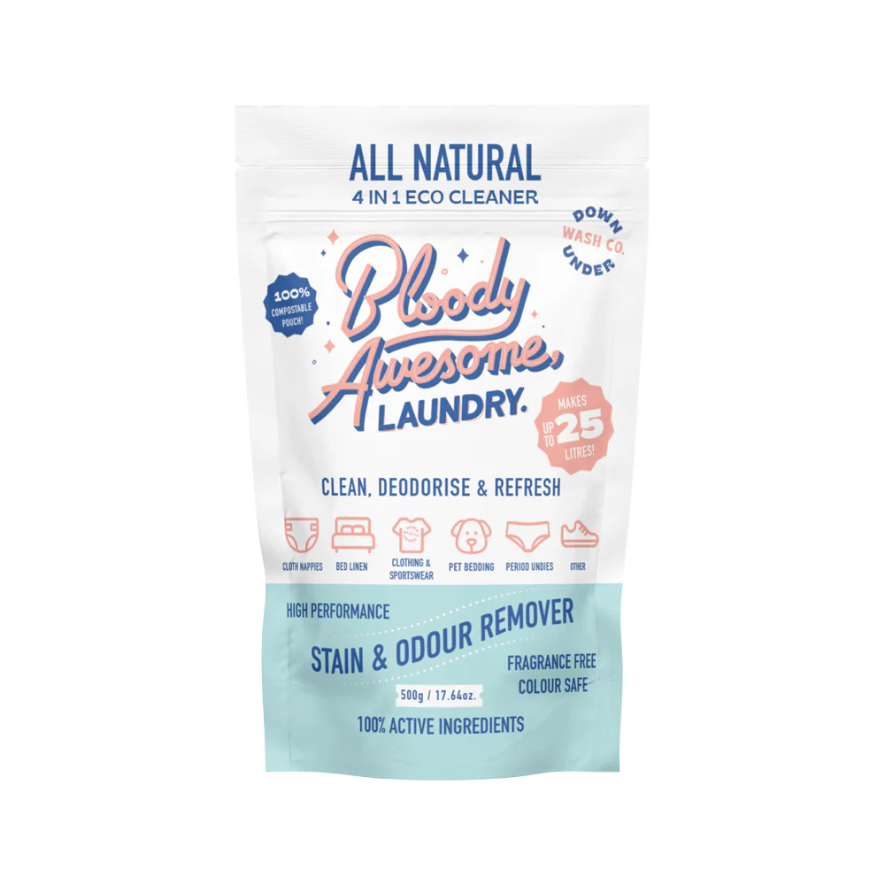 Down Under Wash Co. Bloody Awesome Laundry Stain & Odour Remover Powder 500g, Fragrance Free & Colour Safe