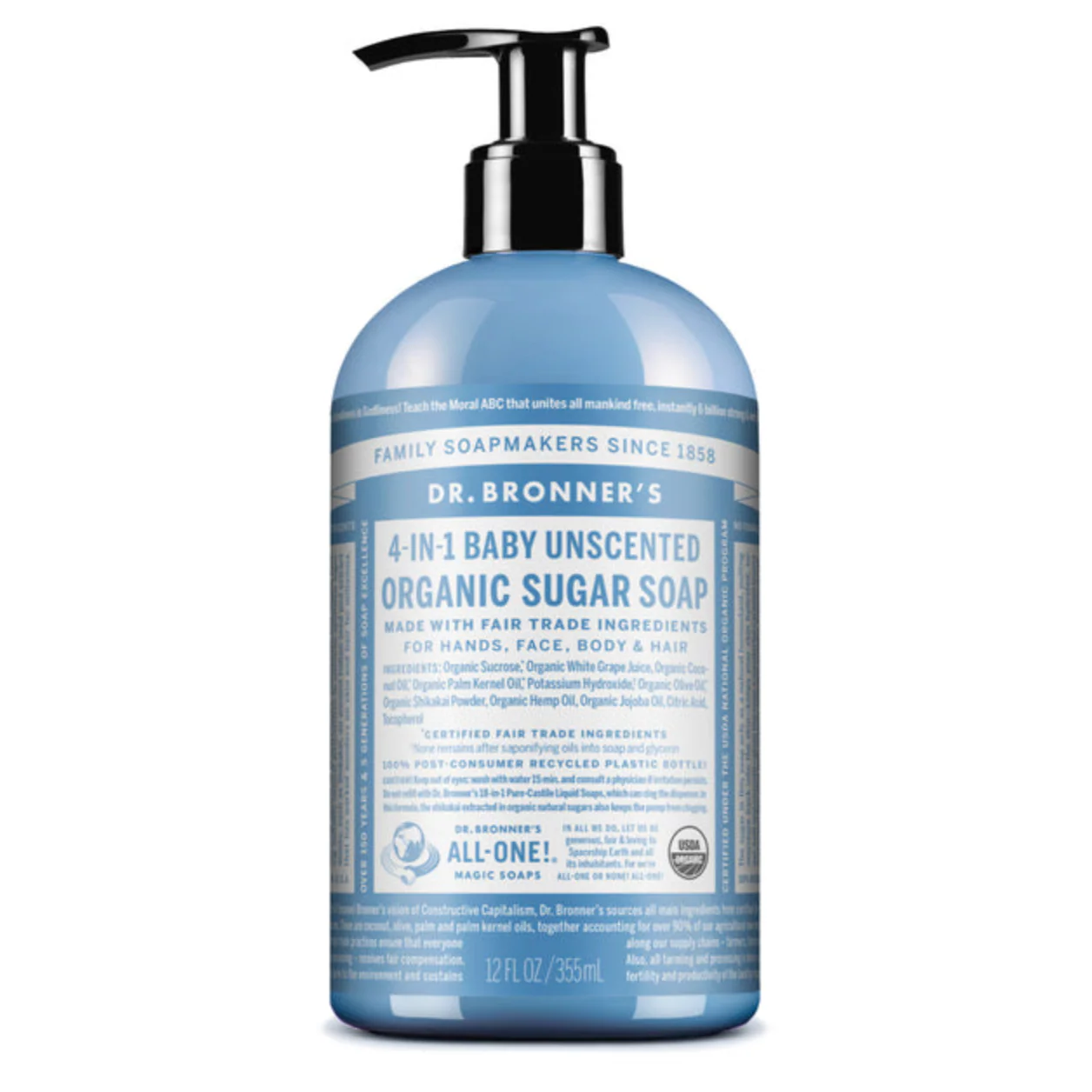 Dr Bronner's Organic Sugar Soap 355mL Or 710mL, Baby Unscented