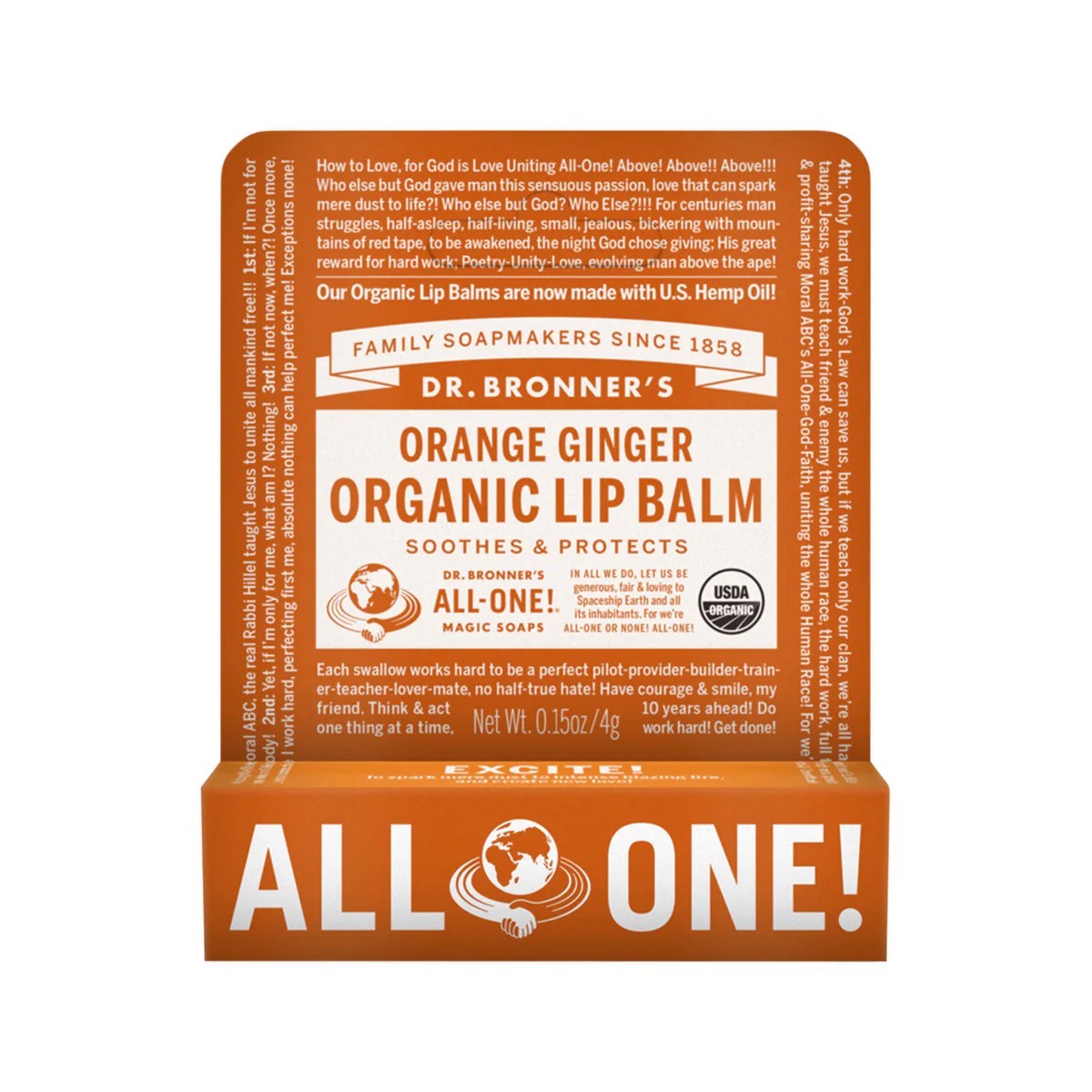 Dr Bronner's Organic Lip Balm 4g, Orange Ginger Flavour Soothes & Protects