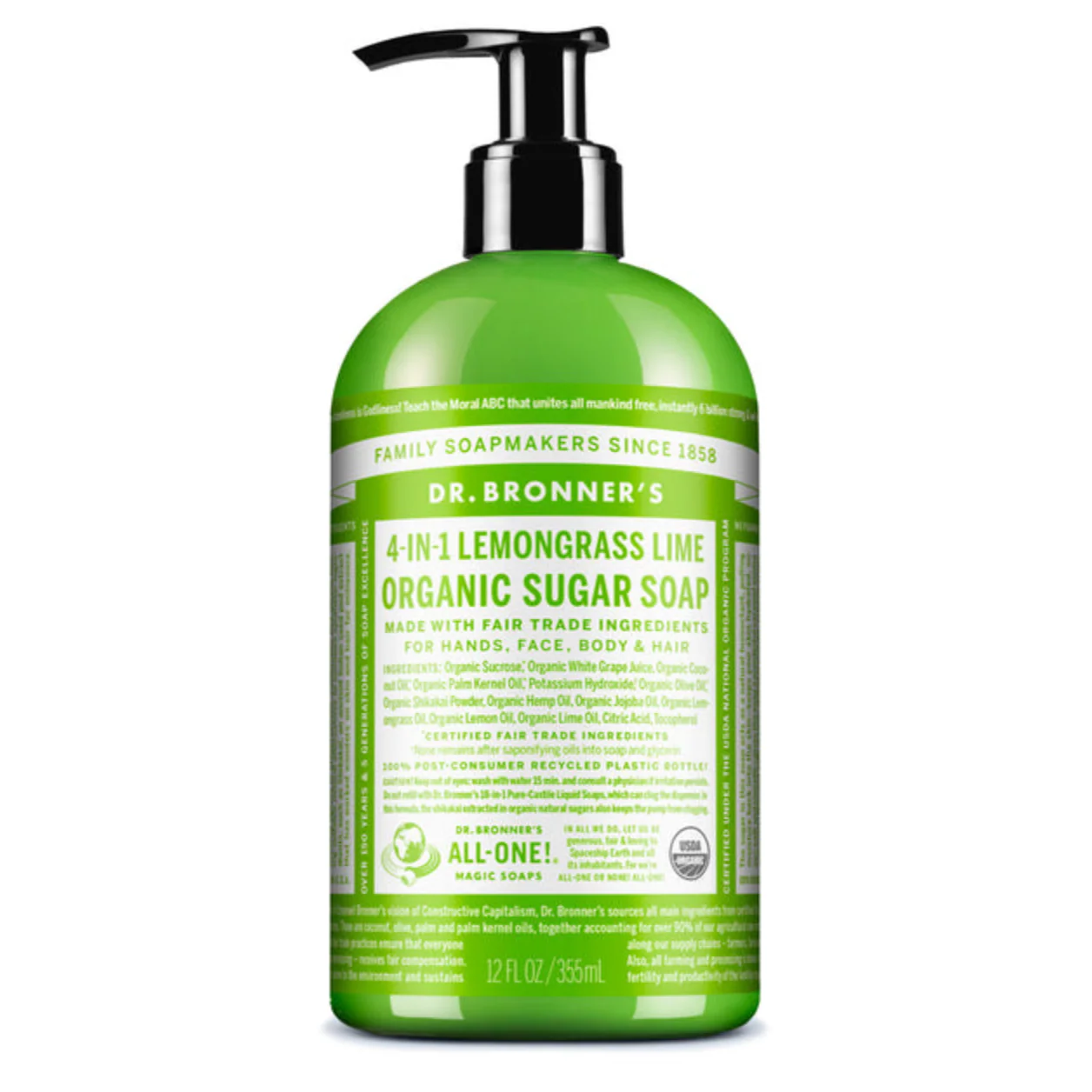 Dr Bronner's Organic Sugar Soap 355mL Or 710mL, Lemongrass Lime