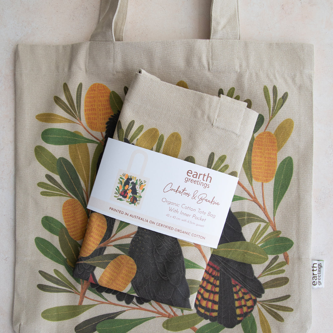 Earth Greetings Certified Organic Tote Bag With A Pocket Cockatoos & Banksia Design, Negin Maddock Collection - Image 2