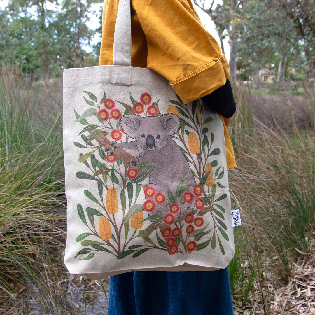 Earth Greetings Certified Organic Tote Bag With A Pocket Koala Country Design, Negin Maddock Collection