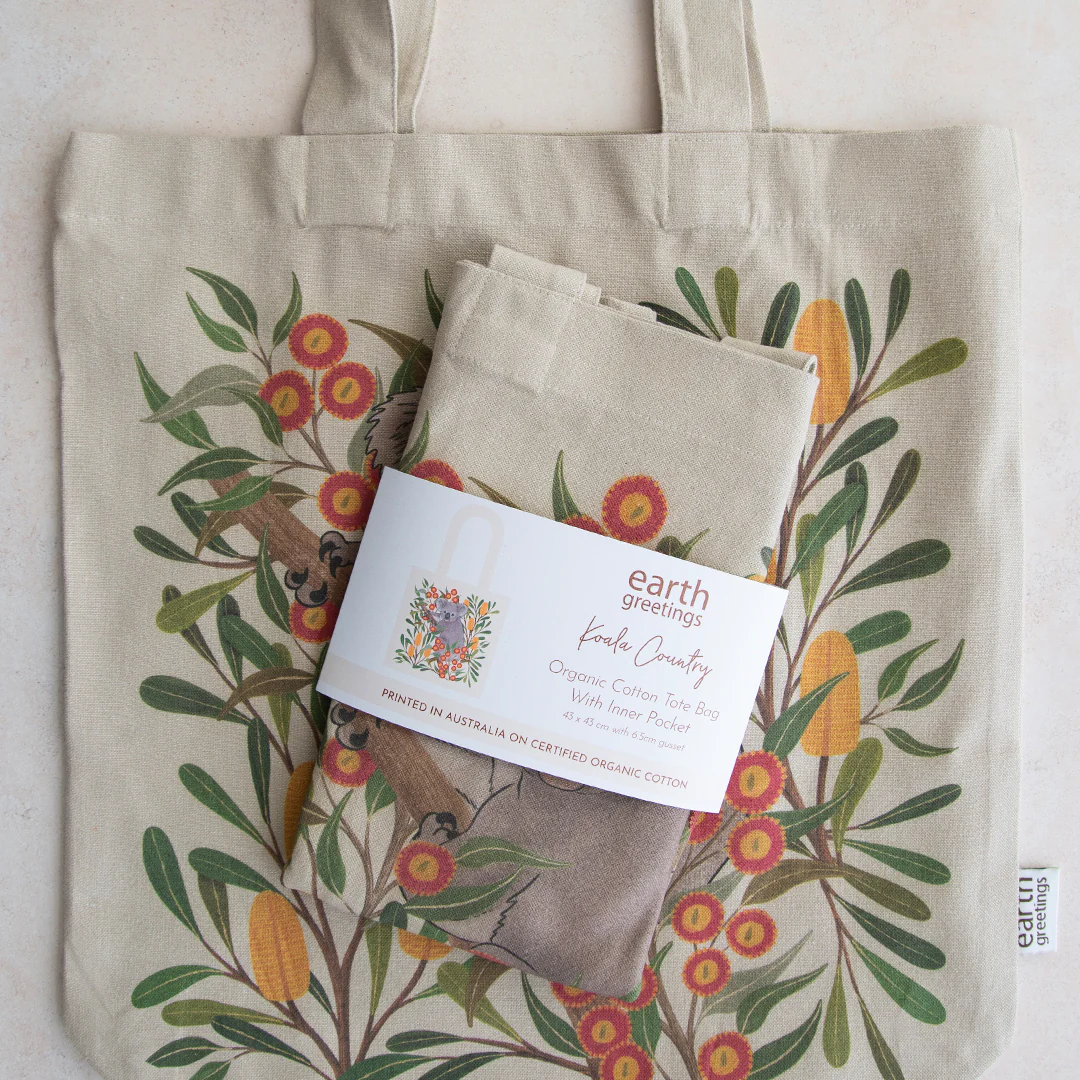 Earth Greetings Certified Organic Tote Bag With A Pocket Koala Country Design, Negin Maddock Collection - Image 2