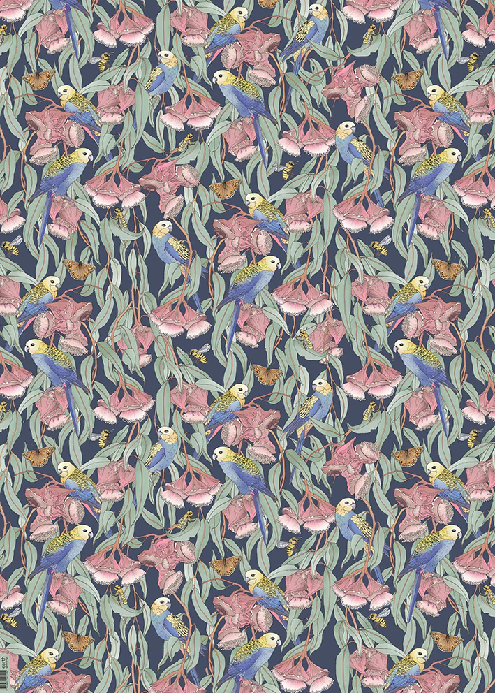 Earth Greetings Rosellas Amongst The Mallee Australian Folded Wrapping Paper, Victoria McGrane Collection