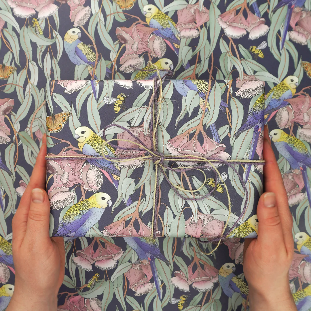 Earth Greetings Rosellas Amongst The Mallee Australian Folded Wrapping Paper, Victoria McGrane Collection - Image 2