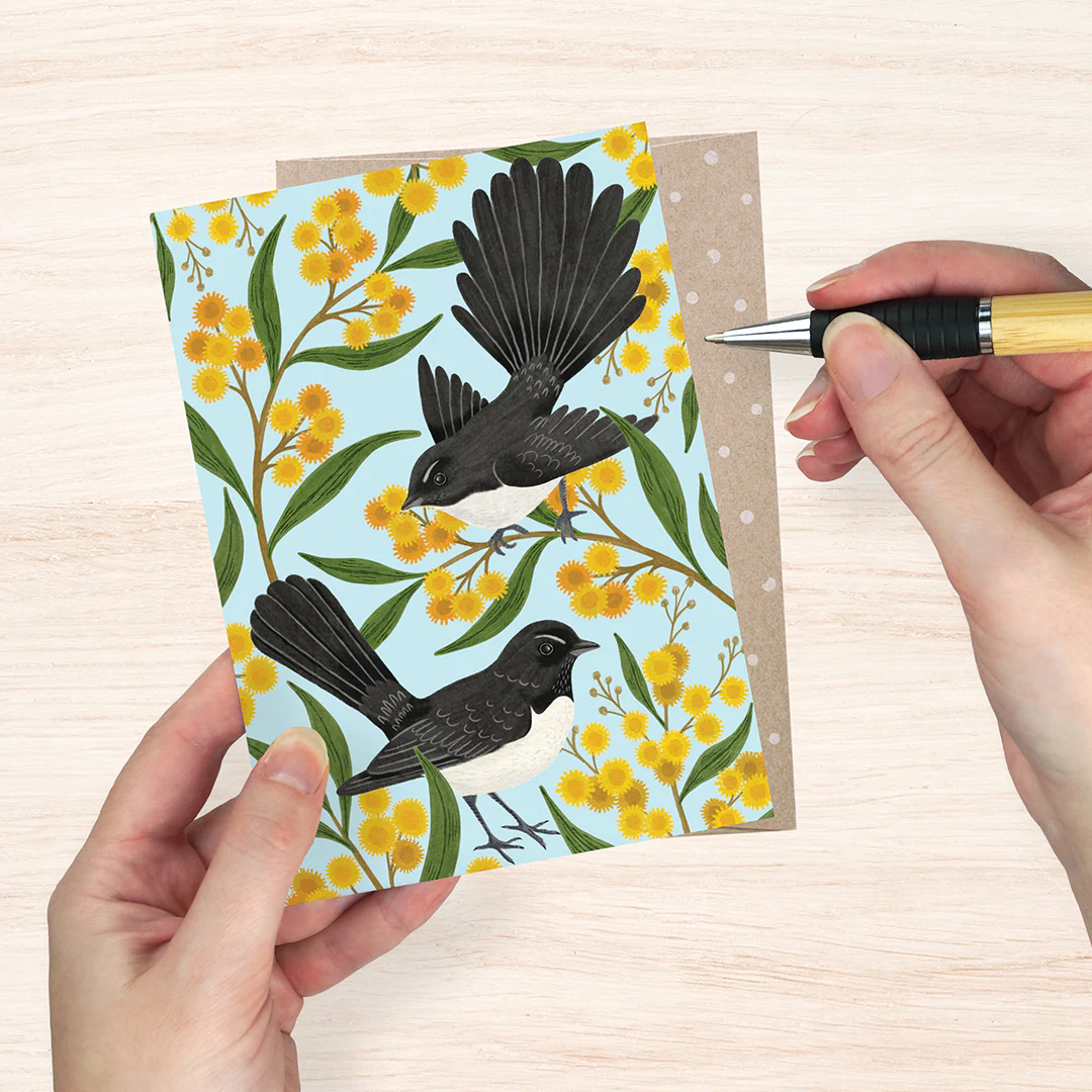 Earth Greetings Wagtails & Wattle Card, Negin Maddock Collection (Includes One Card & One Kraft Envelope)