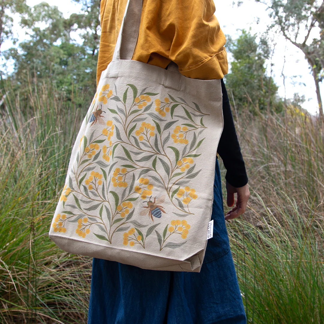 Earth Greetings Certified Organic Tote Bag With A Pocket Wattle & Bee Design, Negin Maddock Collection