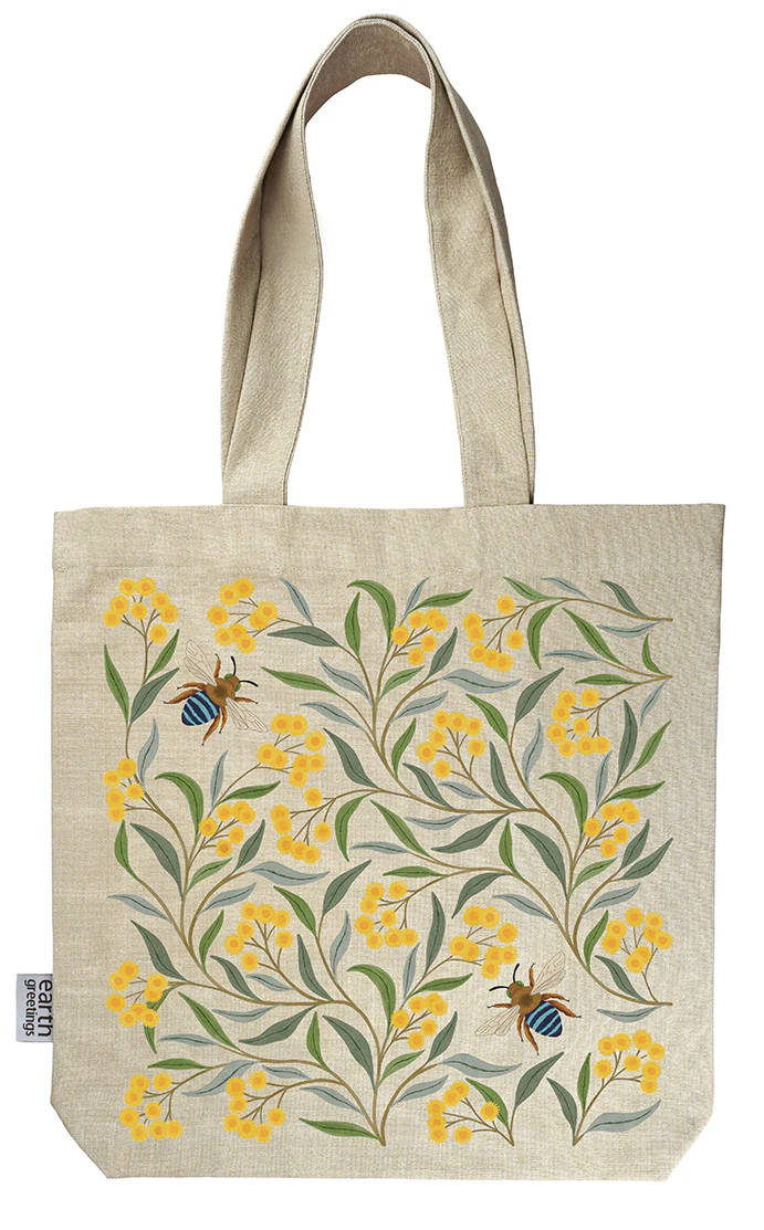 Earth Greetings Certified Organic Tote Bag With A Pocket Wattle & Bee Design, Negin Maddock Collection - Image 2