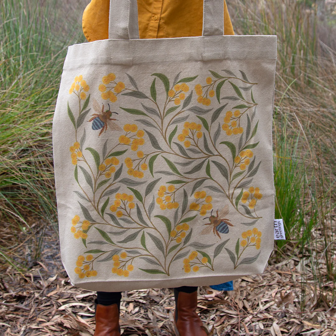 Earth Greetings Certified Organic Tote Bag With A Pocket Wattle & Bee Design, Negin Maddock Collection - Image 3