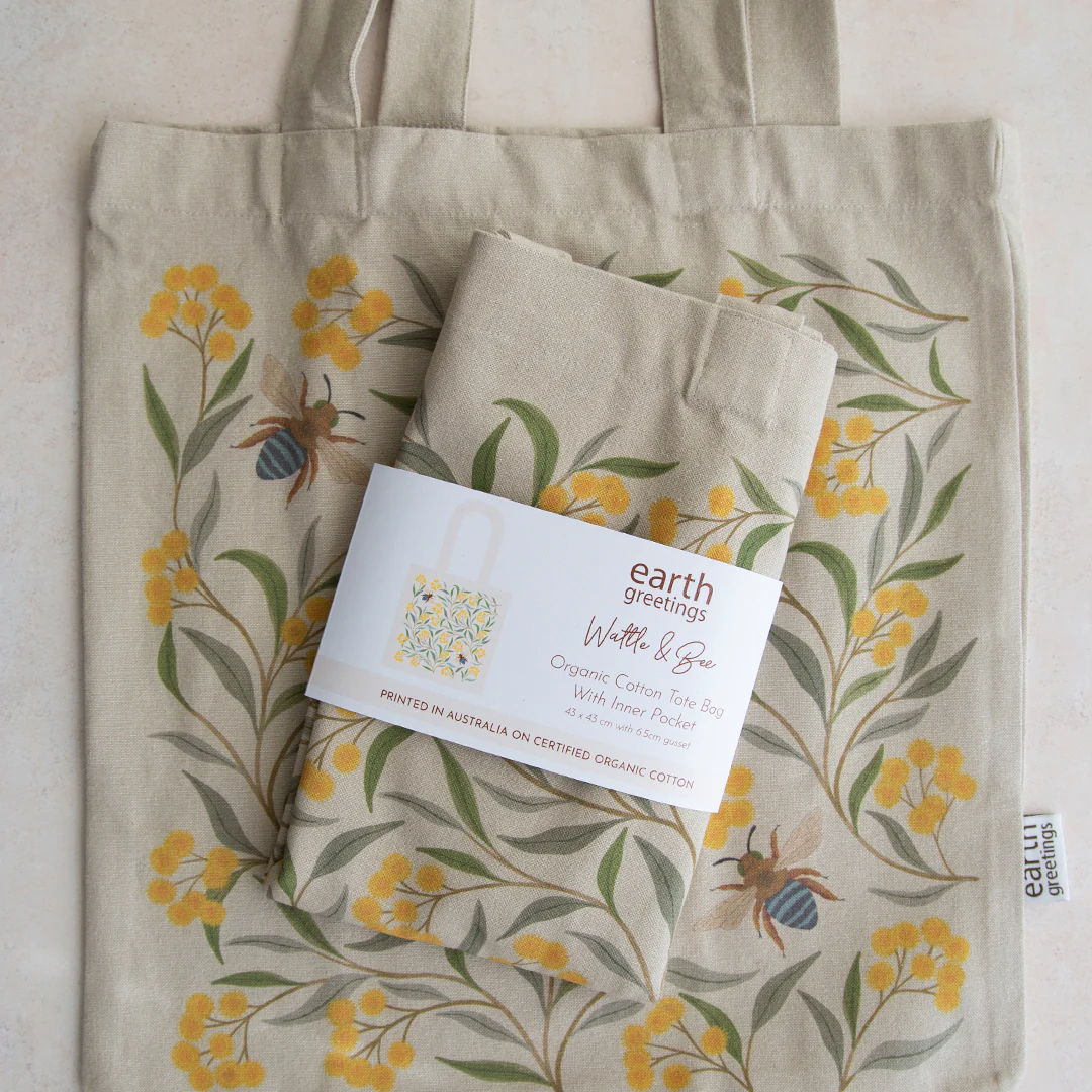 Earth Greetings Certified Organic Tote Bag With A Pocket Wattle & Bee Design, Negin Maddock Collection - Image 4