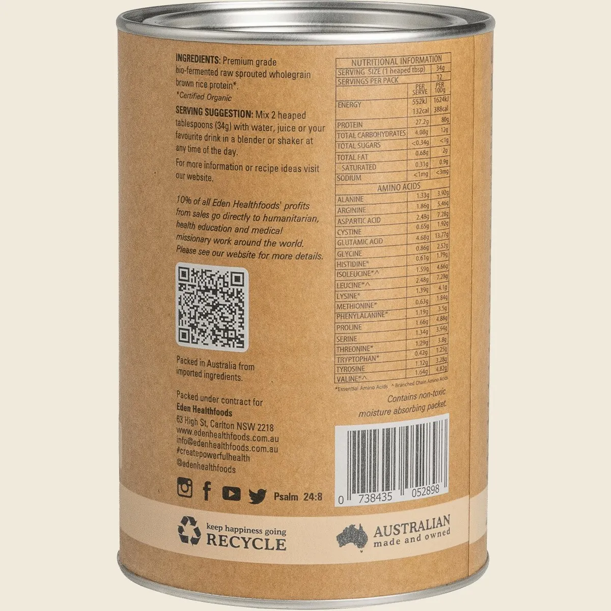 Eden Health Foods Ultimate Protein 400g Or 1kg, Natural Flavour {Organic Sprouted Brown Rice} - Image 3