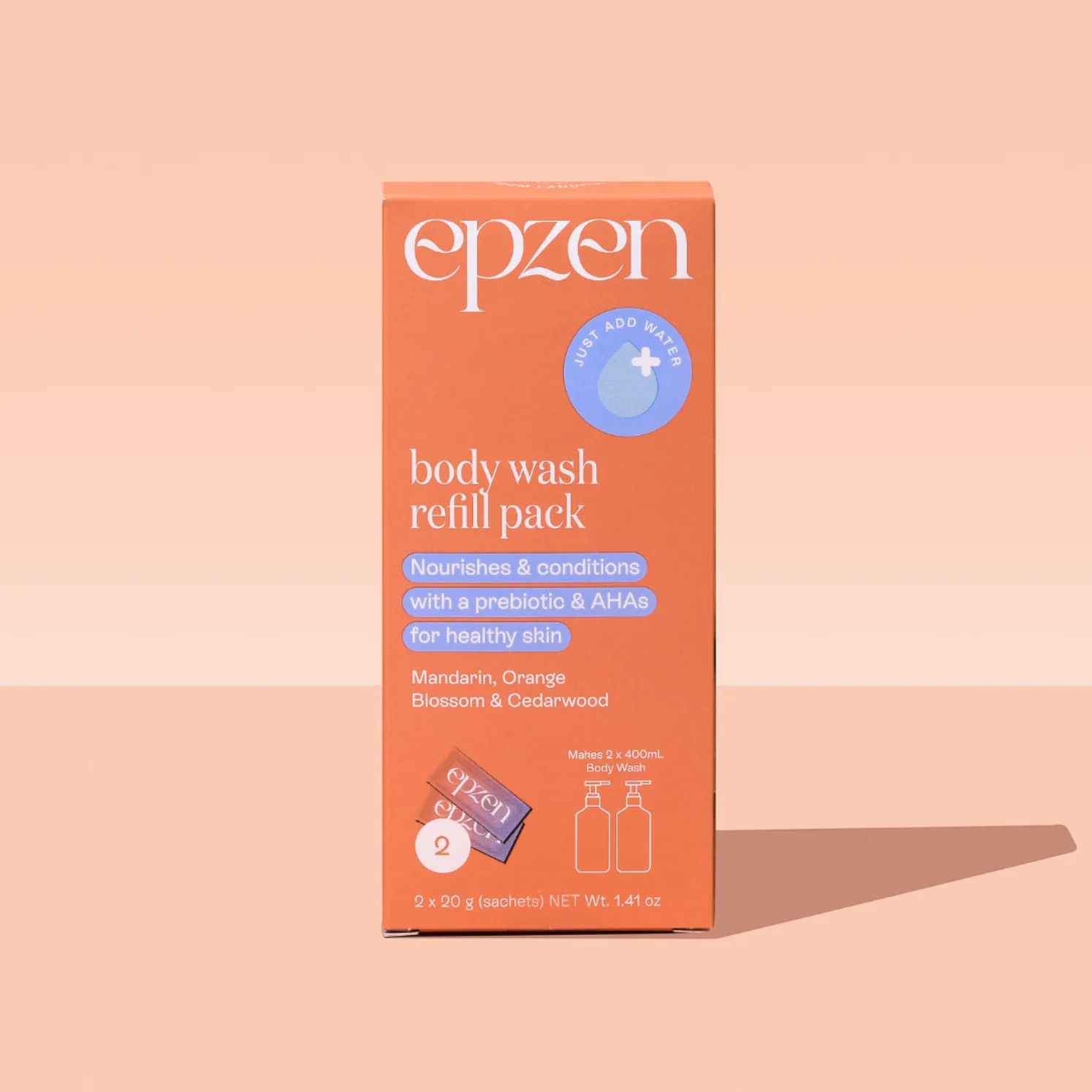 EpZen Powder To Gel Body Wash Refill Pack 2x20g, Mandarin, Orange Blossom & Cedarwood
