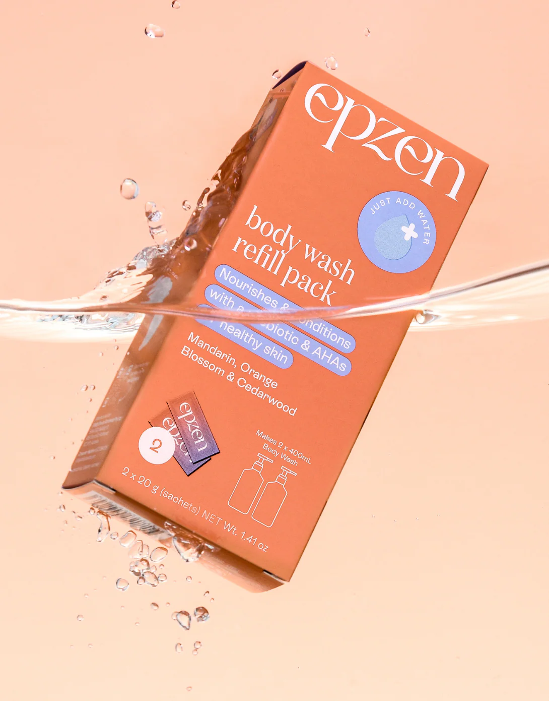 EpZen Powder To Gel Body Wash Refill Pack 2x20g, Mandarin, Orange Blossom & Cedarwood - Image 4
