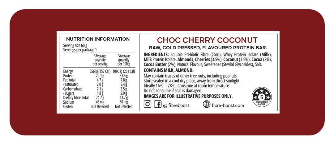 Fibre Boost Cold Pressed Protein Bar Single or Box of 12, Choc Cherry Coconut Flvaour - Image 2