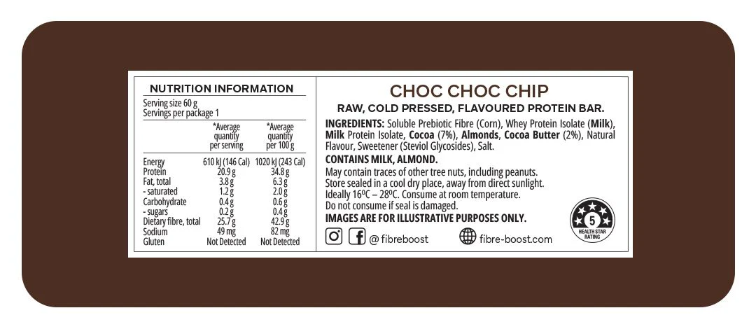 Fibre Boost Cold Pressed Protein Bar Single or Box of 12, Choc Choc Chip Flavour - Image 2