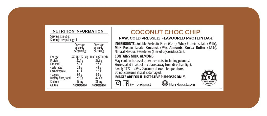 Fibre Boost Cold Pressed Protein Bar Single or Box of 12, Coconut Choc Chip Flavour - Image 2