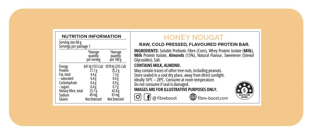 Fibre Boost Cold Pressed Protein Bar Single or Box of 12, Honey Nougat Flavour - Image 2