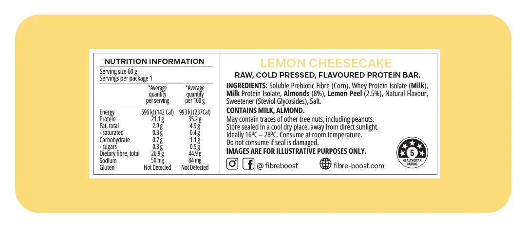 Fibre Boost Cold Pressed Protein Bar Single or Box of 12, Lemon Cheesecake Flavour - Image 2