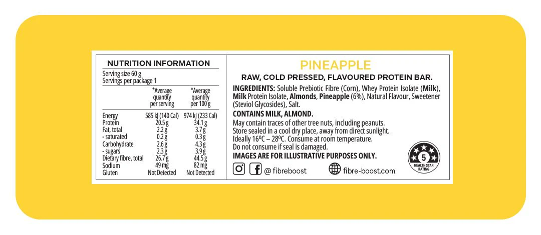 Fibre Boost Cold Pressed Protein Bar Single or Box of 12, Pineapple Flavour - Image 2