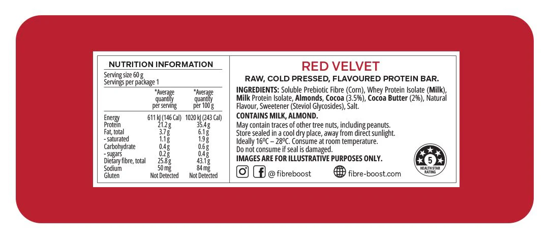 Fibre Boost Cold Pressed Protein Bar Single or Box of 12, Red Velvet Flavour - Image 2