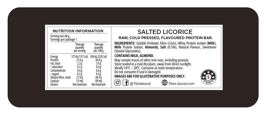 Fibre Boost Cold Pressed Protein Bar Single or Box of 12, Salted Licorice Flavour - Image 3