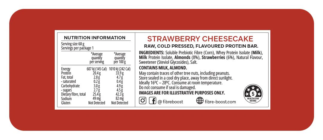 Fibre Boost Cold Pressed Protein Bar Single or Box of 12, Strawberry Cheesecake Flavour - Image 2