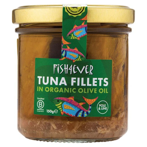 Fish 4 Ever Azores Tuna Fillets in Organic Olive Oil 150g, Glass Jar 100% Pole & Line Caught