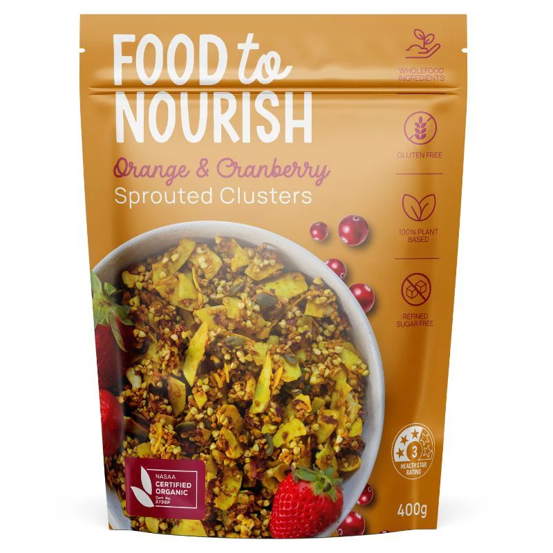 Food To Nourish Certified Organic Sprouted Orange & Cranberry Clusters 400g, Refined Sugar Free
