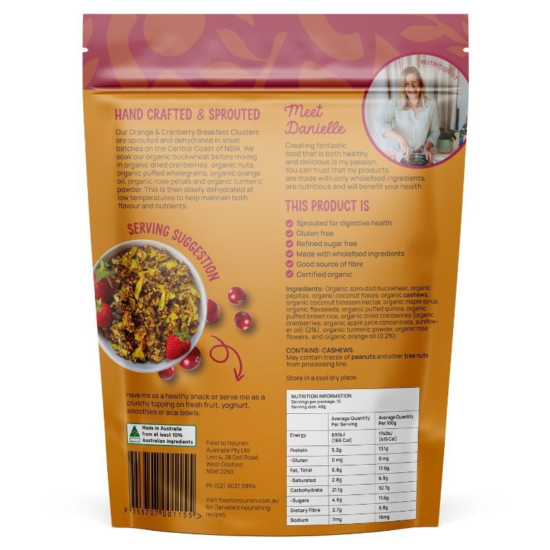 Food To Nourish Certified Organic Sprouted Orange & Cranberry Clusters 400g, Refined Sugar Free - Image 2