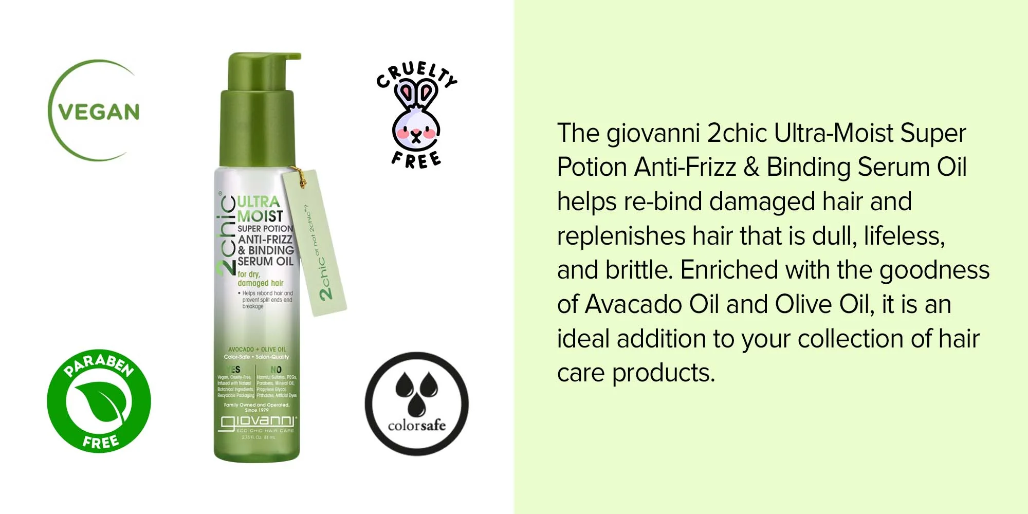 Giovanni 2Chic Ultra Moist Anti-Frizz Serum Oil 81mL, For Dry & Damaged Hair - Image 3