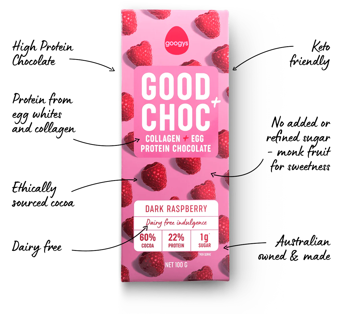 Googy's Good Choc+ 100g, Dark Raspberry - Image 2