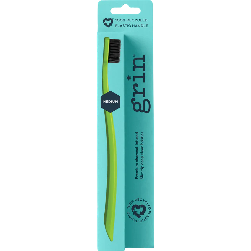 Grin Grin 100% Recycled Toothbrush 1pk, Medium Charcoal Infused Slim Tip Bristles - Image 2