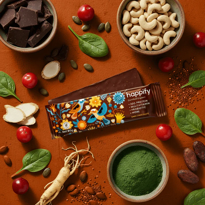 Happify Certified Organic Nutritional Protein Bar 80g, Dark Chocolate Flavour - Image 3