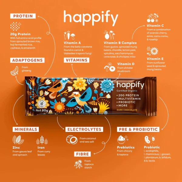 Happify Certified Organic Nutritional Protein Bar 80g, Dark Chocolate Flavour - Image 4