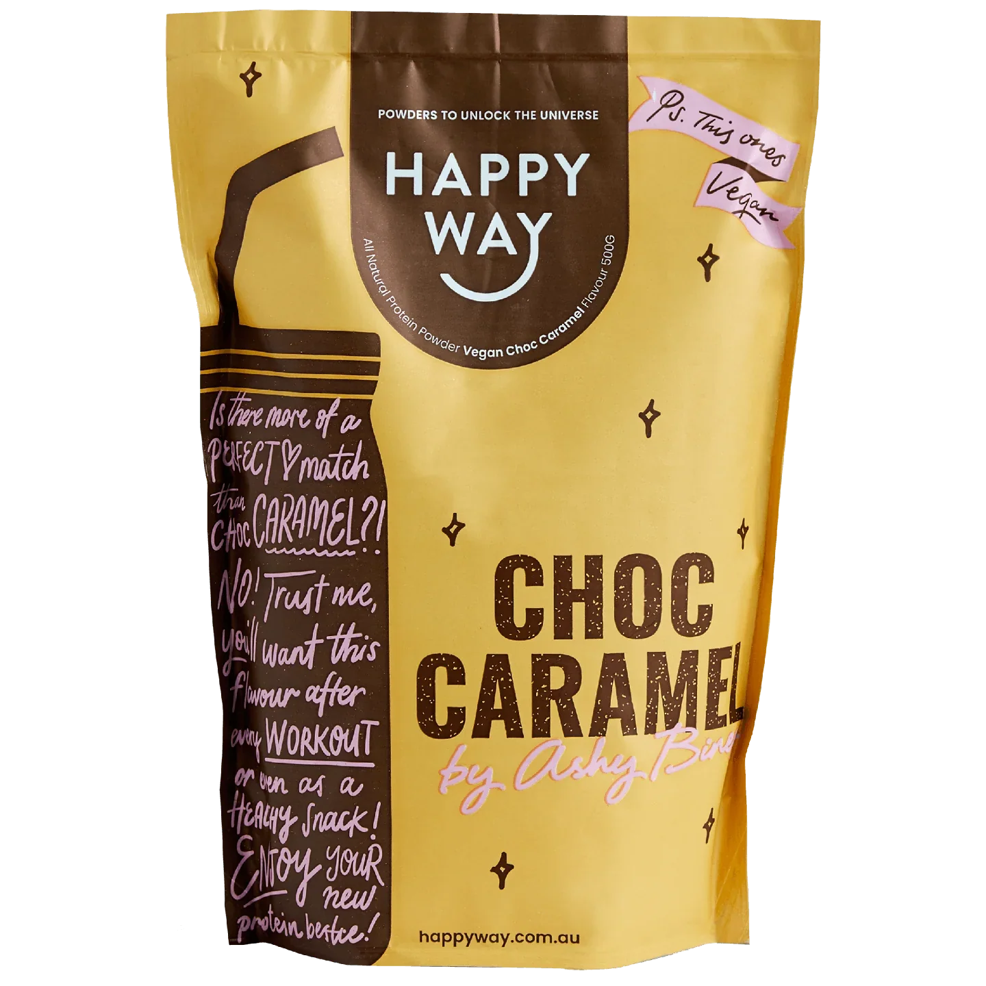 Happy Way Ashy Bines Vegan Protein Powder 500g, Choc Caramel