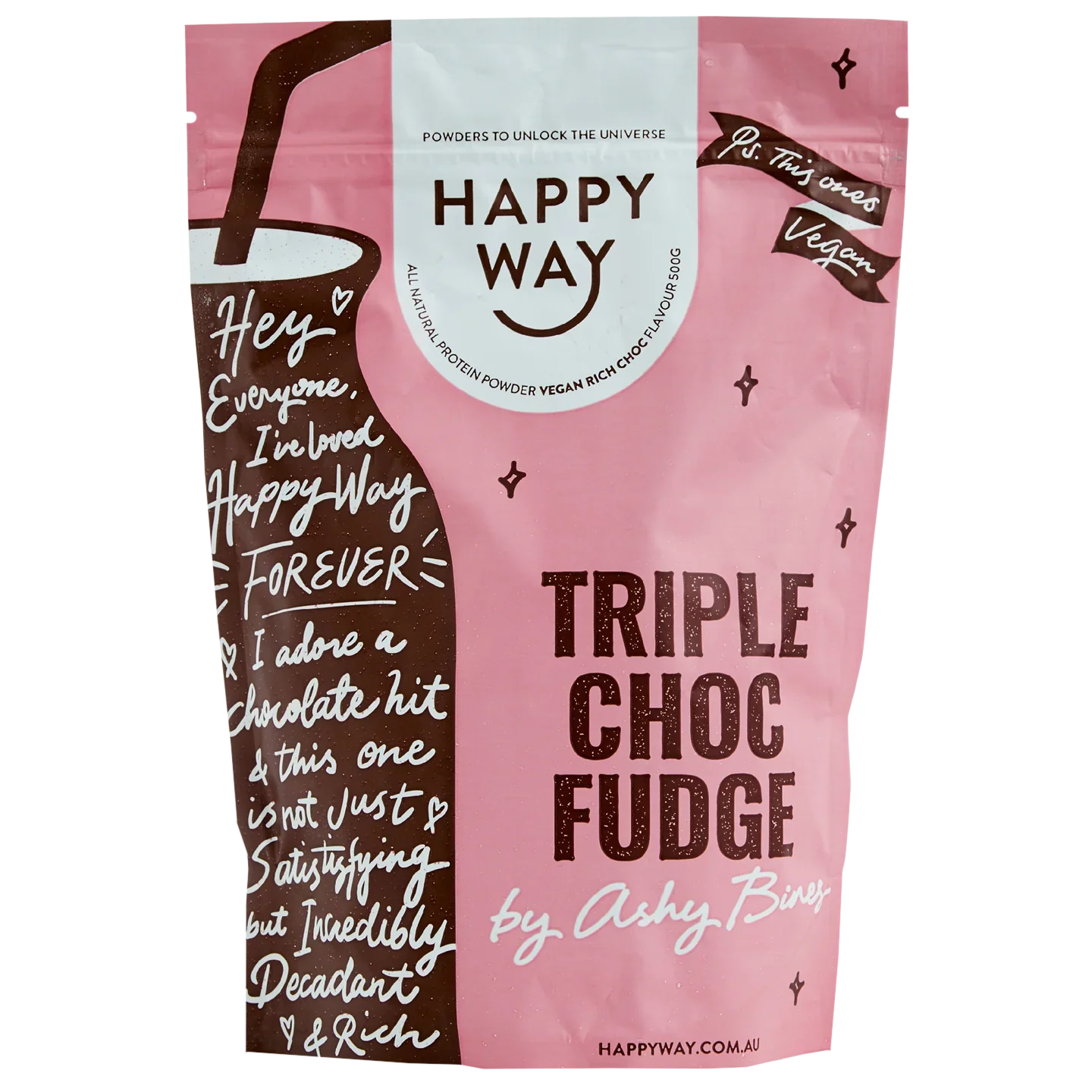Happy Way Ashy Bines Vegan Protein Powder 500g, Triple Choc Fudge Flavour