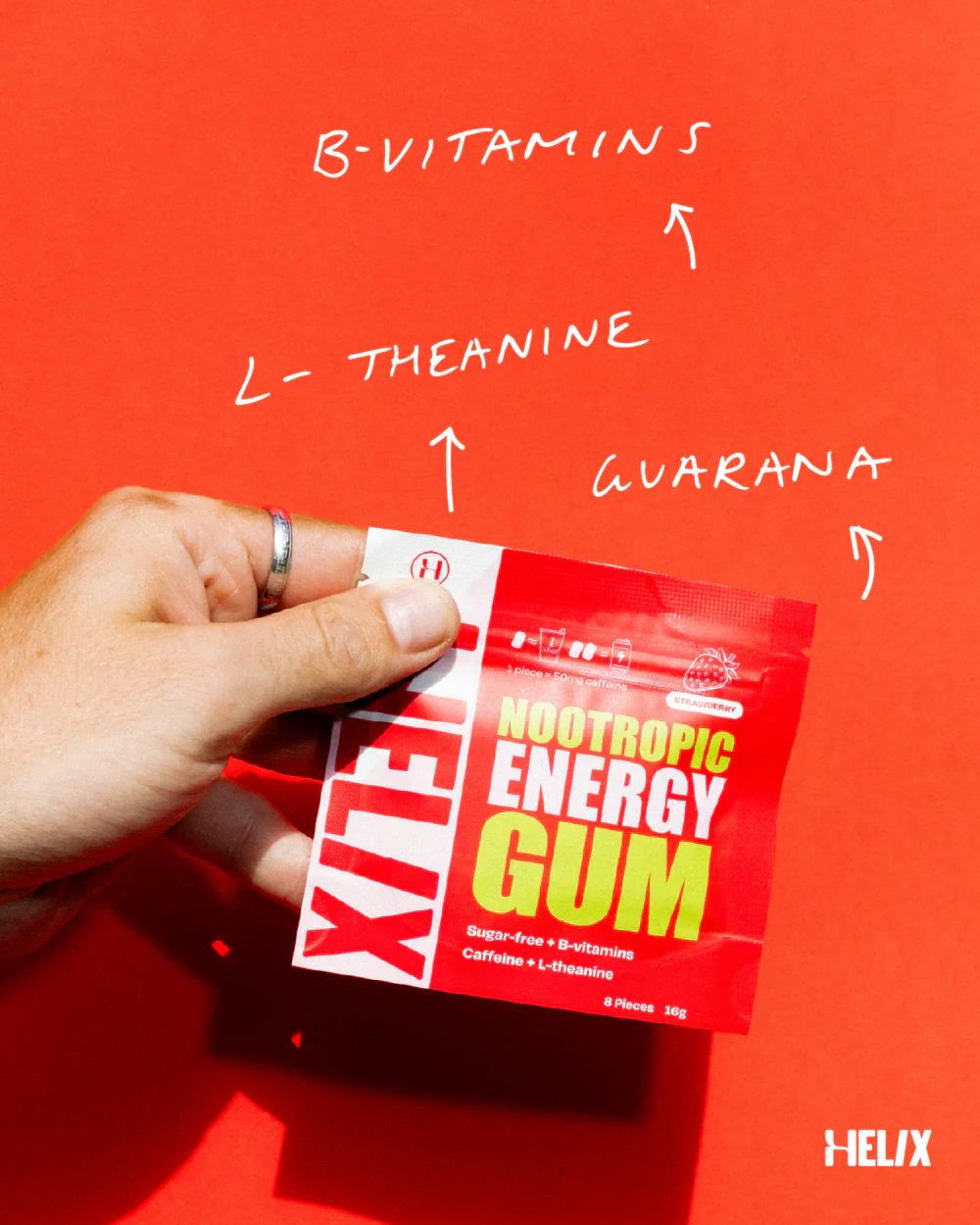 Helix Nootropic Energy Gum 8 Pieces 16g, Strawberry Flavour & Sugar free - Image 3